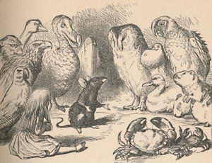Ilustración para el capítulo una Carrera-Caucus y una larga cola. Alicia y varias criaturas, como de John Tenniel