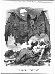 Liga Nacional Irlandesa, con el rostro de Charles Stewart Parnell (1846-1891), mostrado como un vampiro que se aprovecha de Irlanda de John Tenniel