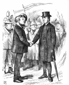 Joseph Arch (1826-1919) sindicalista, político y trabajador agrícola inglés. Fundador del Sindicato Nacional de Trabajadores Agrícolas. Arch saludando al obispo de Manchester que apoyó al sindicato en una carta a The Times. Caricatura de John Tenniel de Pu