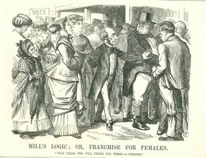 La Lógica de Mill: o, Franquicia para Mujeres: John Stuart Mill pidiendo a un indignado John Bull que deje paso a las mujeres para votar. La figura en primer plano, segunda desde la izquierda, es Lydia Ernestine Becker, defensora del sufragio femenino. Car de John Tenniel