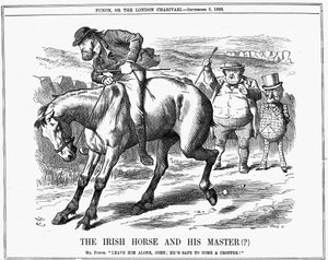 Mr Punch le dice a John Bull que ignore a Charles Stewart Parnell (1846-1891), político irlandés, ya que seguramente fracasará montando el caballo irlandés. Caricatura de John Tenniel de Punch, Londres, 5 de septiembre de 1885. Grabado de John Tenniel