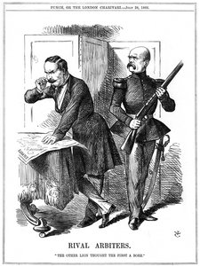 Napoleón III (1808-1873), Emperador de Francia 1852-1870, y Otto von Bismarck (1808-1783), Canciller de Prusia, repartiendo Europa. Sus ambiciones conflictivas llevaron a la Guerra Franco-Prusiana de 1870-1871. Caricatura de John Tenniel de Punch, Londres,