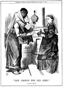 ¡Nuevas coronas por viejas!, Benjamin Disraeli ofreciendo la corona de la India a la Reina Victoria, 1876 de John Tenniel