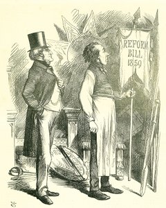 Economía Política: Reforma del Parlamento - extensión del sufragio. Disraeli (Canciller) y Derby (Primer Ministro) desempolvando el Proyecto de Reforma. En 1867 Disraeli introdujo un nuevo proyecto de ley de John Tenniel