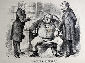 Sátira política que representa a William Ewart Gladstone, Benjamin Disraeli y John Bull de John Tenniel