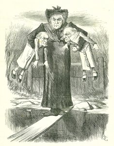 Anota dos y lleva uno: Gladstone, el primer ministro británico, en un dilema sobre cuál de los controvertidos proyectos de ley irlandeses desechar. Caricatura de John Tenniel de Punch, Londres, 3 de abril de 1886 de John Tenniel