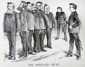 EL ESCUADRÓN TORPE. Caricatura de John Tenniel. Las dificultades que Disraeli tenía con diferentes opiniones en su gabinete sobre políticas en la Guerra Ruso/Turca de John Tenniel