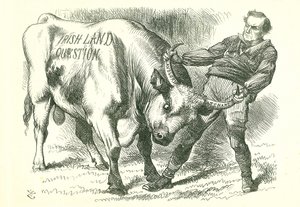Tomando al Toro (Irlandés) por los Cuernos: Proyecto de ley aprobado por el Parlamento el 15 de febrero de 1870 y recibió la sanción real el 8 de julio. William Gladstone, Primer Ministro, tratando el tema. Caricatura de John Tenniel de 