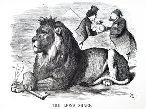 El gobierno británico autorizando a los Rothschild a comprar acciones del Canal de Suez de John Tenniel