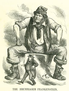 El Frankenstein de Brummagem: Reforma del Parlamento - extensión del sufragio. John Bright en una reunión de Reforma en Birmingham dijo que no temía el sufragio universal masculino de John Tenniel