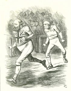 El final: Elecciones generales de 1886. Gladstone (liberal) se dirigió al país por su proyecto de ley de autonomía para Irlanda. Salisbury (oposición conservadora) vence a Gladstone en la línea de meta. Caricatura de John Tenniel de Punch, Londres de John Tenniel