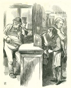 El Honesto Chico del Pot: Reforma del Parlamento - extensión del sufragio. Disraeli sirviendo la Reforma a John Bull observado por su oposición parlamentaria. Introdujo y aprobó su Proyecto de Reforma. Caricatura de Tenniel de Punch, Londres de John Tenniel