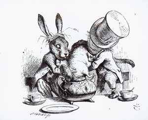 El Sombrerero Loco y la Liebre de Marzo poniendo al Lirón en la Tetera, ilustración de 