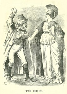 Dos Fuerzas: Liga de la Tierra Irlandesa proscrita. Britannia protege a Hibernia (Irlanda) con la Fuerza de la Ley contra la Fuerza de la Anarquía de John Tenniel