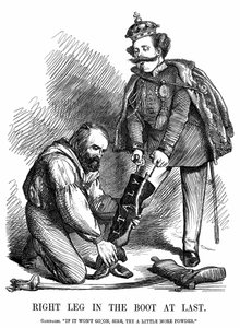 Unificación de Italia: Giuseppe Garibaldi ayudando a Víctor Manuel II a ponerse la bota de Italia. Caricatura de John Tenniel para Punch, Londres de John Tenniel