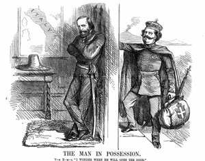 Unificación de Italia: Víctor Manuel II (1820-1878), primer rey de Italia desde febrero de 1861, llamando a la puerta de Nápoles que Garibaldi (1807-1882) con sus Camisas Rojas ha conquistado en nombre del nuevo Reino de Italia. Caricatura de John Tenniel  de John Tenniel