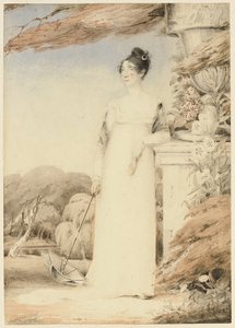 Retrato de Ann Miles, luego Sra. John Sell Cotman, de cuerpo entero, su mano derecha sosteniendo un parasol, su brazo izquierdo descansando en un pedestal, 1805 de John Thirtle