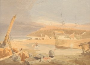 Escena costera con velero en el muelle de John Thirtle