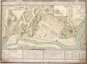 Un plano del campamento de George Stadt cerca del río Guantamano en la isla de Cuba y también de las intrincaciones hechas en las colinas adyacentes, representadas más en grande con sus perfiles LOC 2010592464