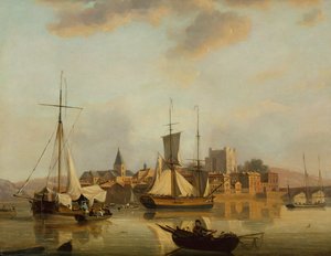 Una vista de Rochester con envío (óleo en panel) de John Thomas Serres