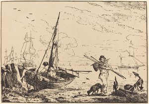 Marina: Barcos de pesca en la orilla, hombre con remos, barco en la distancia de John Thomas Serres