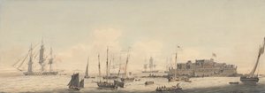Vista de Castle Cornet, Guernsey, Islas del Canal, con embarcaciones de John Thomas Serres