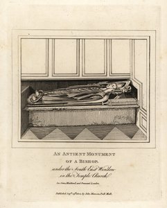 Antiguo monumento de un obispo bajo la ventana sureste de la Iglesia del Templo del siglo XII, Londres de John Thomas Smith