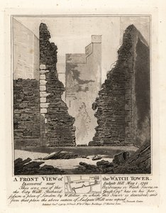 Vista frontal de la Torre de Vigilancia o Barbican en la Muralla de la Ciudad descubierta cerca de Ludgate Hill, 1 de mayo de 1792