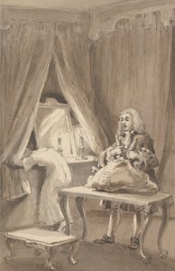 Hogarth, después de que su esposa se pusiera un camisón nuevo, ata sus cosas para enviárselas a Sir James Thornhill con una carta en la que le decía: "Llevó a su hija sin blusón a su A--e". de John Thomas Smith