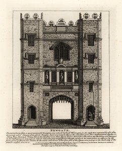 Newgate, reconstruida en 1672 después del Incendio de Londres, con tres figuras Justicia, Fortaleza y Prudencia del antiguo portal construido por el Alcalde de Londres Richard Whittington de John Thomas Smith