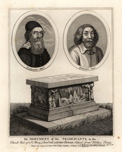 Retratos ovalados de los naturalistas y coleccionistas John Tradescant el Viejo y el Joven, y su monumento funerario en el cementerio de St Mary Lambeth de John Thomas Smith