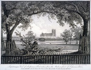 St James Park, desde el Mall frente al Palacio de St James, Westminster, Londres, 1807
