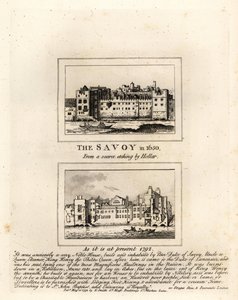 El Hospital Savoy en 1650 de una impresión de Wenceslaus Hollar y en ruinas en 1792 de John Thomas Smith
