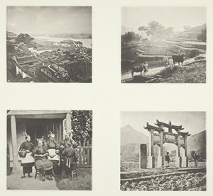 Parte del asentamiento extranjero de Foochow, terrazas en colinas, mujeres en el campo de Foochow, un arco memorial, c. 1868