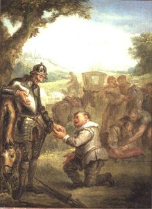 Don Quijote después del duelo con el valiente Vizcaíno, se apoya en su caballo Rocinante, mientras Sancho Panza pide el gobierno de la isla de Barataria, escena de 