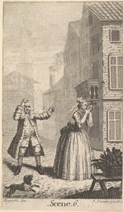 Frontispicio de Sganarelle de Molière, ou le Cocu Imaginaire (El cornudo imaginario), ca. 1732 de John Vandergucht