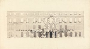 Dibujo arquitectónico de un edificio con símbolos astrológicos