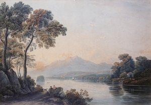 Figuras con un perro en las orillas del lago Killarney de John Varley