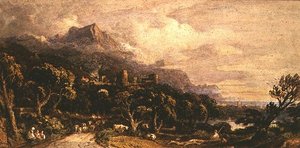 Paisaje con castillo y montaña