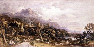 Paisaje con castillo y montaña