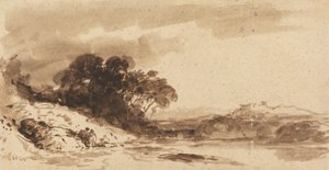 Paisaje fluvial con dos figuras, lago y montañas lejanas de John Varley