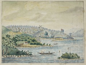 Agregar. 13880, f.79 Vista de una colonia británica. En primer plano, nativos en una canoa, de un diario que se lleva a bordo del transporte Minerva, de Irlanda a Nueva Gales del Sur y Bengala, por John Washington Price