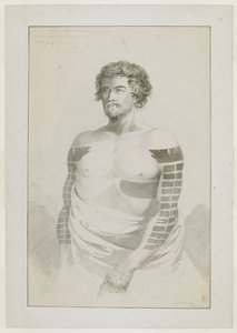 (Dibujo entero) Retrato de un Jefe de Borabora, [¿Puni?]; un hombre barbudo con los brazos fuertemente tatuados con parches rectangulares planos, y un gran parche en su lado izquierdo. Diciembre de 1777 de John Webber