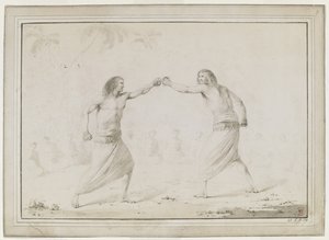 (Dibujo entero) Dos hombres boxeando, con espectadores sentados en semicírculo y palmeras esbozadas tenuemente al fondo. de John Webber