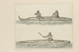 30: Canoas de Oonalashka, de una serie de acuarelas que ilustran el último viaje del Capitán Cook de John Webber