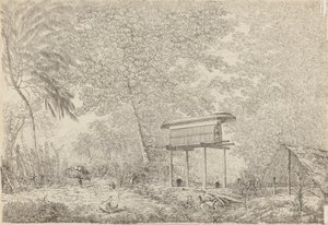 Toopapapoo de un jefe, con un sacerdote haciendo su ofrenda a los morai, en Huoheine. de John Webber