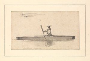 Dibujo titulado "Canoa americana del noroeste" en un cuaderno de bocetos de John Webber.