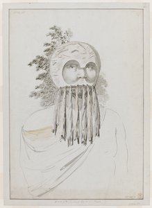 Un hombre de las Islas Sandwich con máscara.
Un hombre de las Islas Sandwich con una máscara que consiste en un tocado de cuenco con recortes para los ojos. de John Webber