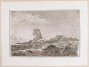 Dibujo de un navío europeo navegando con mar gruesa; probablemente no sea uno de los barcos de Cook. Realizado durante el tercer viaje del capitán Cook. de John Webber