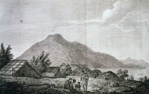 Dentro de hippah en la isla de Motuara, basado en dibujo de John Webber (1750-1793), del relato del último viaje de James Cook (1776-1779), grabado